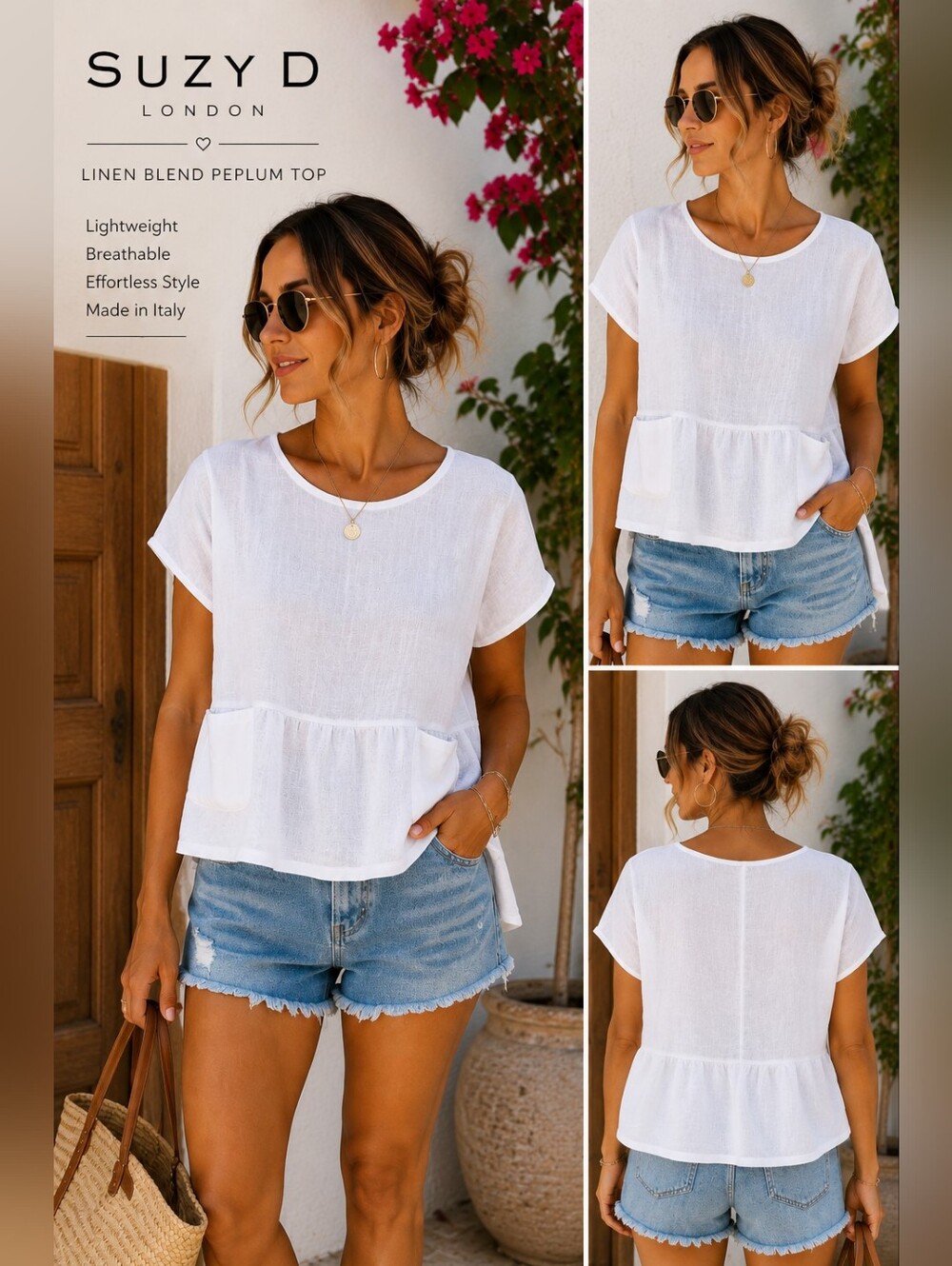 Suzy D London White Linen Blend Peplum Pocket Top Made in Italy M